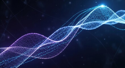 Abstract digital network data wave in blue and purple glowing particles