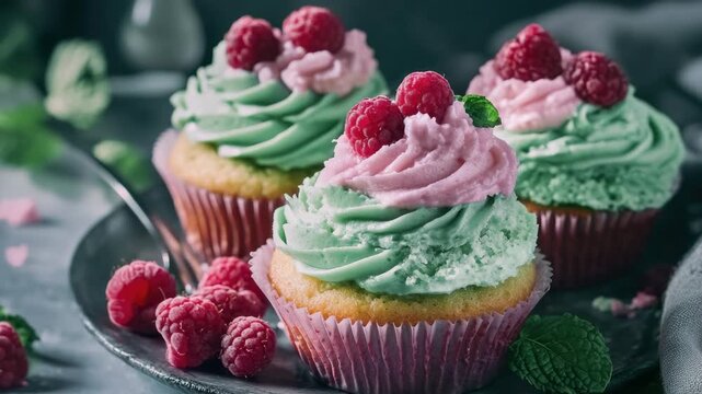 Delicious pink berry cupcakes with green icing and raspberry toppings. A sweet treat for any occasion.