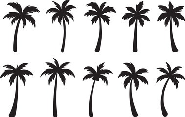 Fototapeta premium Palm Tree Silhouette Collection Featuring Tropical Shapes, Curved Trunks, and Frond Variations