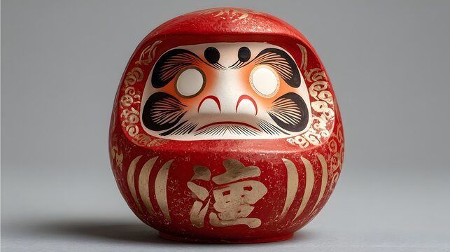 Studio photo of a daruma doll placed off center, featuring intricate designs and vibrant colors, isolated on a soft gradient background with copy space for design