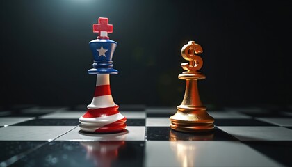 USA flag king chess piece faces golden dollar sign pawn on checkered board. Symbolizes economic policy competition decision making challenge for national finance growth.