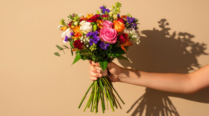 Obraz premium A vibrant, multi-colored bouquet of fresh flowers held by a hand against a simple beige wall, casting a soft, artistic shadow.