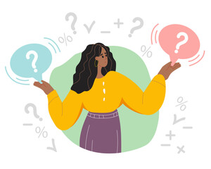 Make Choice, Decision Concept. Puzzled Business Woman Holding Phone&nbsp;Setting Priorities, Doubting, Deciding. Questioned Employee Thinking.&nbsp;Flat vector illustration isolated on white background