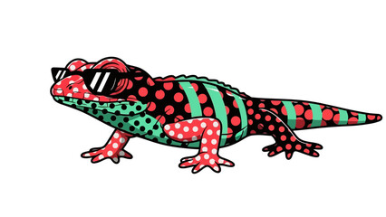 Obraz premium Vibrant Red/Green/Black Lizard Wearing Sunglasses Multicolor Pattern