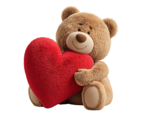 Smiling brown teddy bear hugging soft red heart pillow. This cute and romantic toy perfect gift for valentine day, expressing love and deep affection