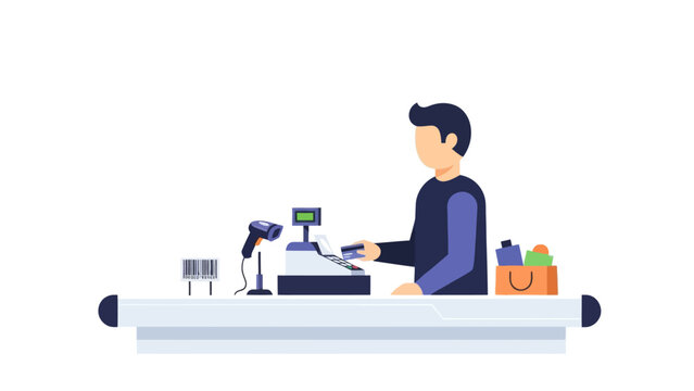 Cashier Operating a Point of Sale System at Checkout Counter in Retail Store