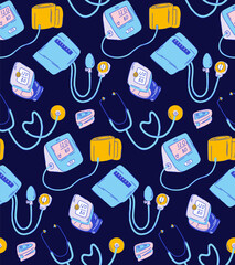 Blood pressure monitors in blue shades for medical staff clothing, tonometers and pulse oximeter