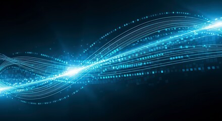 Vibrant blue digital waves with glowing lines and squares