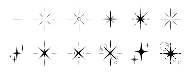 Set of stars sparks and sparkles Y2K. Vector collection glint glitter, shining twinkle sunburst illustration. Shapes of stars and rays for decorative symbols for template design element.