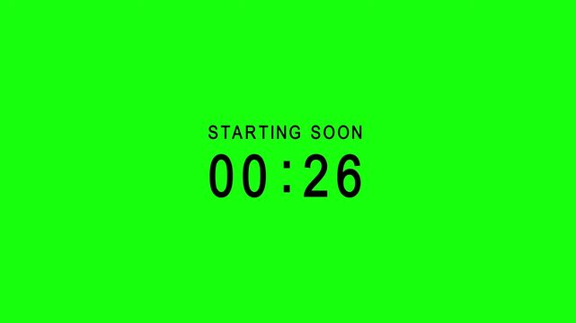 Countdown animation featuring minutes and seconds with readable starting soon text. Created as a flexible overlay for live production, chroma key compositing, and customizable broadcast environments