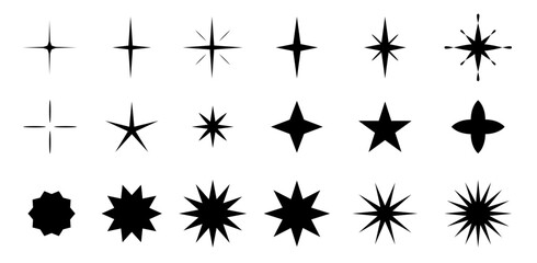 Set of stars sparks and sparkles Y2K. Vector collection glint glitter, shining twinkle sunburst illustration. Shapes of stars and rays for decorative symbols for template design element.
