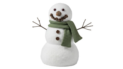 Isolated festive snowman figurine with twig arms and green scarf for winter holiday season