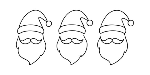 Set of Santa Claus hats. Santa Claus hats with beards and mustaches in one line style. Vector illustration.