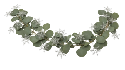 Isolated festive eucalyptus garland with silver snowflakes for Christmas decor, no background