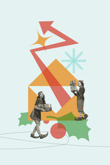 3D collage poster template trend artwork sketch of trader arrow up elf teamwork stand hand hold giftbox spirit noel christmas eve magic