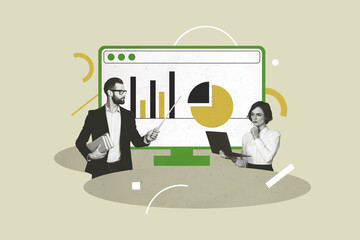 Sketch template design photo collage of young man lady team show presentation target success goal...