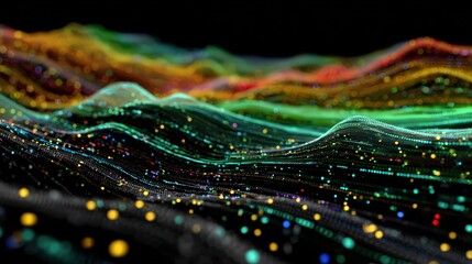 Colorful digital data streams flow across a global network with binary code, representing big data, AI, analytics, cloud processing, and futuristic te