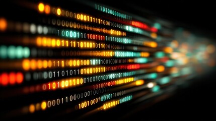 Colorful digital data streams flow across a global network with binary code, representing big data, AI, analytics, cloud processing, and futuristic te
