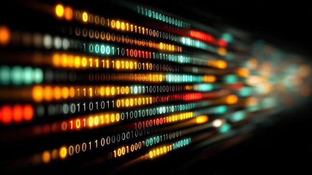 Colorful digital data streams flow across a global network with binary code, representing big data, AI, analytics, cloud processing, and futuristic te - Powered by Adobe