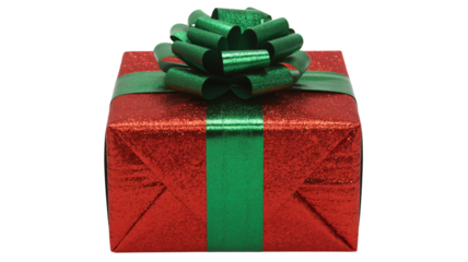 Red gift box with green ribbon and bow on white background for christmas