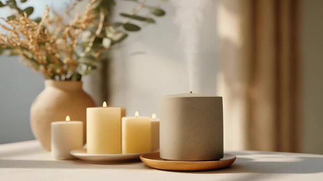 A diffuser releasing scented eucalyptus essential oil beside a minimalist ceramic tray and candles, creating a serene wellness corner &mdash; aromatherapy relaxation, mindful living, and stress-relief