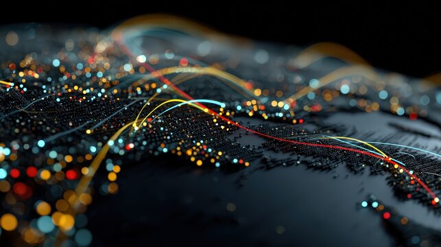Colorful digital data streams flow across a global network with binary code, representing big data, AI, analytics, cloud processing, and futuristic te - Powered by Adobe