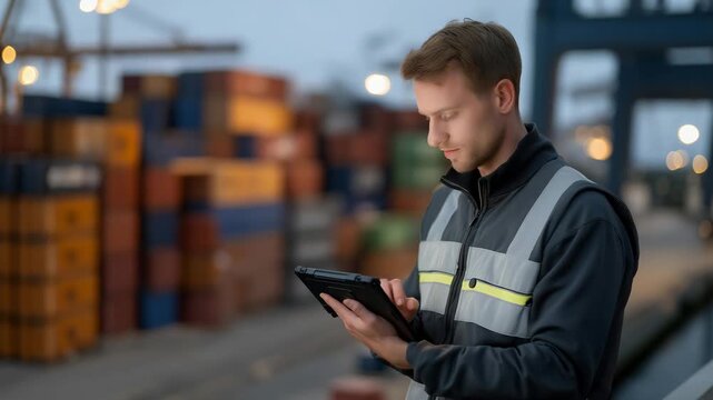 A dockyard supervisor using a rugged tablet to track container movement, digital maps glowing against the backdrop of stacked multicolored cargo units &mdash; smart port technology, digital logistics,