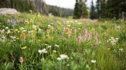 Fototapeta premium Wildflowers bloom in a green field in a forest area during springtime