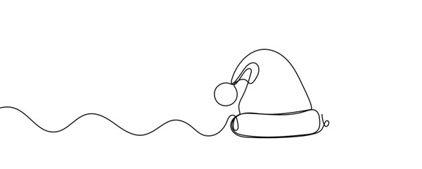 One continuous line drawing of christmas Santa Claus hat, Continuous line drawing of cap of santa. Christmas hat one line icon, vector illustration. 