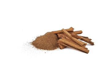 Cinnamon powder and dry cinnamon on white background 