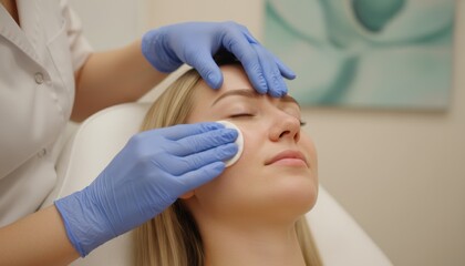 Obraz premium Esthetician in blue gloves cleans a woman's face with a cotton pad in a white uniform during a professional skincare treatment