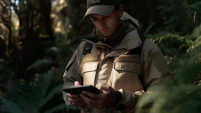 A forest ranger practicing wildlife stewardship by placing tracking collars on endangered animals, sunlight filtering through dense leaves onto the handheld GPS device. cinematic color correction,