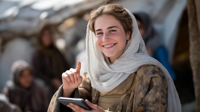 A humanitarian outreach worker documenting conditions with a tablet as local residents describe urgent needs, sunlight illuminating handwritten notes and translated dialogue &mdash; needs assessment,