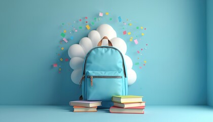 Blue school backpack with colorful books stands on pastel background. Student rucksack with textbooks ready for academic year. Celebration with confetti for first day of study. Education supplies for