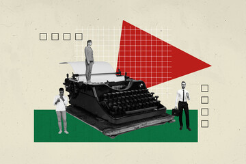 Zine banner full photo collage of happy girl guy author stand retro typewriter machine novelist occupation documentation