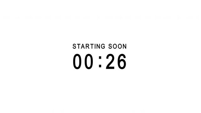 Clean countdown animation showing minutes and seconds with clear starting soon text. Built to inform viewers before live content begins and ideal for stream intros, broadcasts, or scheduled events