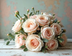 Obraz premium Soft blush and cream roses and peonies form a shabby chic bouquet. Delicate floral arrangement sits on a distressed wooden surface. Gentle pastel colors suggest romance and home decor inspiration.