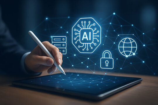 Futuristic concept of AI technology with holographic interface showing global web data protection and innovation systems - Powered by Adobe