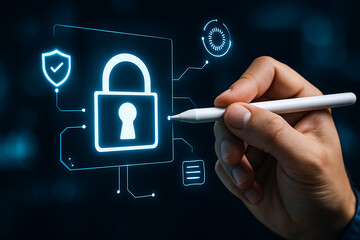 Futuristic cybersecurity concept with digital padlock symbol created by hand using virtual technology for secure protection