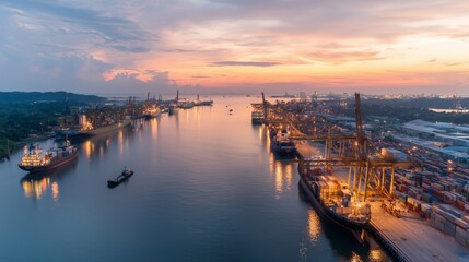 Busy port at sunset with ships and cranes along the waterway in a city