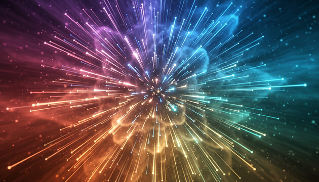 多色の光が放射状に広がる幻想的でダイナミックな抽象アート