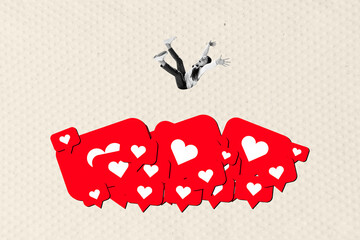 Creative full pop image photo collage of happy man jump like reaction social media feedback...