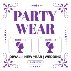 Party wear fashion and apparel Ad Template using flat vector design. Include space for featured outfits, occasion text, and CTA