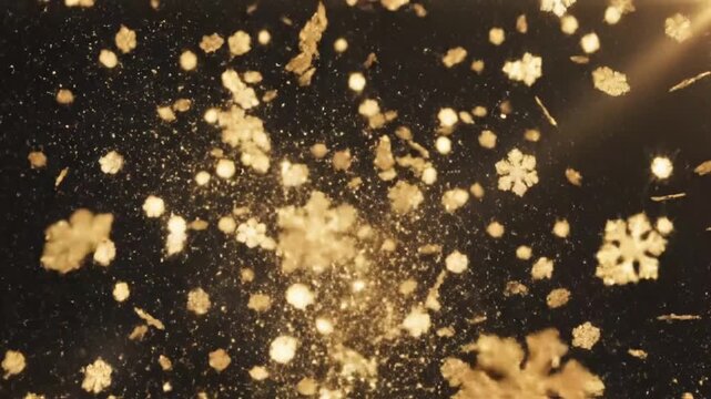 4K animation gold snowflakes falling against a black backdrop perfect for New Year's Eve countdowns and luxury holiday branding.