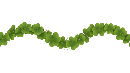 A wavy chain of vibrant green three-leaf clovers forms a decorative element isolated on transparent background