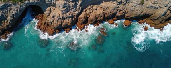 Aerial view of rugged coastline with rocky cliffs and crashing ocean waves. Turquoise water meets rough stone shore, forming white foam. Natural beauty of sea meeting land.