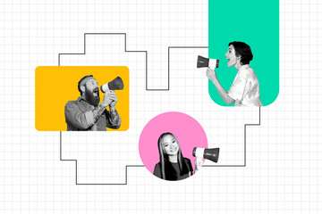 3d image full photo collage of three happy girls guy scream megaphone announce bubble communication chat protest cloud chat