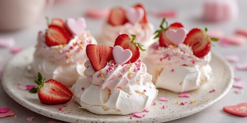 Obraz premium Mini pavlovas with pink whipped cream and heart-cut strawberries sit on white ceramic plate. Confetti hearts scattered around enhance the Valentine tone.