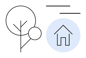 Simple tree outline paired with a house symbol surrounded by a pale blue circle. Straight lines evoke serenity, connection to nature, and stability. Ideal for housing, ecology, sustainability