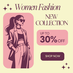 Stylish women&rsquo;s fashion and apparel Ad Template using flat vector design. Include areas for a featured outfit, collection name, discount text, and CTA